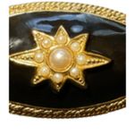 Vintage 1928 Brand Faux Seed Pearl Domed Oval Black Enamel Brooch Pin Gold Tone Photo 2