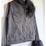 Anna Irion Black Mongolian Lamb Trim Collar & Cuff Gray Denim Jacket size Medium Photo 13