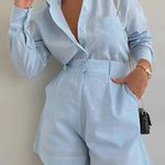 Commence Light Blue Floral Button-Up Shirt and Cotton Shorts Set XL Commense Photo 0