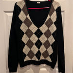 J.Crew Womens Sweater Large L Black Argyle V Neck Lambswool Pullover Photo 0