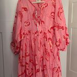 Farm Rio  Pink Red Lobster Babydoll V Neck Tie Front Dress Photo 1