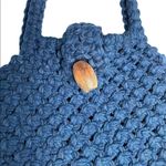 Vintage Crochet Handcrafted Wood Button Blue Handbag 1970s Photo 3