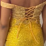 Sequin Short Homecoming Dresses for Teens Off The Shoulder Lace Corset Sparkly Prom Cocktail Gowns with Slit Yellow Size 6 Photo 5