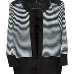 Ming Wang EUC  Open Front Sweater Top Black White Stripe Faux Leather Trim Medium Photo 0