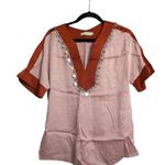 Tory Burch Giselle Tunic Pink Embellished Short Sleeve V-Neck Silk Blend Size 0 Photo 0