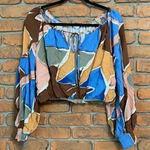 Blu Pepper  Multicolor Abstract Print Crop Top Long Sleeve‎ Peasant Blouse Size M Photo 0