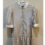 VTG Albert Nipon Dress Womens Drop Waist Beige Puff Sleeves Satin Striped Size 8 Tan Photo 2