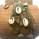 Handmade NWT Boho Turquoise & Shell Cluster Necklace Antique Gold Tone Chain Coins Beachy Photo 3