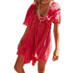 Free People  100% Cotton Fuchsia Sheer Lined Crinkle Joelle Tunic Dress Top L Photo 1