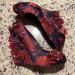 Tory Burch Tory‎ Burch Floral Satin Elmira Wedge Heels Red Navy Flower Embellished Size 7M Photo 1