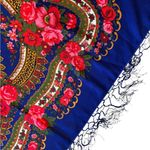 Large Boho Floral Shawl Cloak Wrap Scarf Blue Red Pink Fringe Sz 38X38” Bright Photo 3