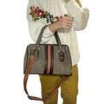 Vintage 70s Canvas Stripe Satchel Crossbody Bag Brown Tan Top Handle speedy Photo 8