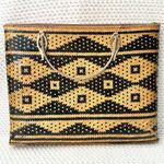 Vintage Philippines Tiruray Woven Raffia Tan Black Geometric Slim Top Handle Bag Photo 0