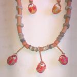 MAKU Handmade Vintage Pottery Beaded Basket Necklace and Earring Set Pink Photo 2