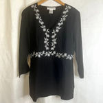 Sag Harbor Black Embroidered Floral Linen Blend Blouse Size Small Photo 9