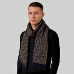 Fendi  Navy Blue Tan Wool Silk Scarf with Decorative Tassels Photo 1