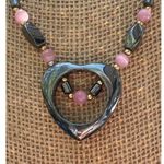 Hematite Pink Beaded Open Heart Pendant Necklace Gold Accents Screw Barrel Clasp Photo 1