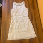 dressbarn Dress 12 White Sheath Mini Dress with Tiered Ruffles Beaded Neckline Photo 0