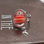 Handmade Vintage West German Glass Ring – Coral Red Stripe Cabochon, Adjustable Photo 2