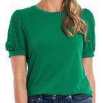 CeCe NWT  Green Dotted Puff Sleeve Mixed Media Stretch Blouse Top Size XS Photo 0