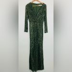 Mac Duggal Ieena olive green sequin full length long sleeve high slit gown. 6 Photo 4