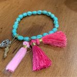 Juicy Couture  Turquoise Bead Pink Tassel Safety Pin Charm Stretch Bracelet Photo 2
