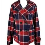American Eagle Red & Navy Plaid Wool Pea Coat Medium Photo 0