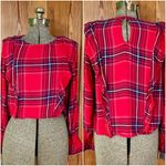 Kensie   Long Bell Sleeve Red Shoulder Ruffle Plaid Blouse Women’s Size Medium Photo 12