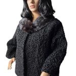 Vintage 1960's Faux Persian wool crop coat with fur collar black size medium Photo 3