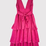 Lulus Dress Hot Pink Peak Party V Neck Layered Bow Tie Midi Barbiecore Large Photo 2
