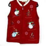 Vtg Classic Elements Red Sleeveless Skiing Happy Snowmen Sweater Vest w/Pin! Med Photo 0