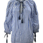 ZARA  Blue White Striped Embroidered Tie Neck Tassels Long Sleeve Blouse Top Sz M Photo 0