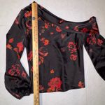 WAYF  Black Red Roses Off Shoulder Long Sleeve Satin Blouse Holiday party blouse Photo 3