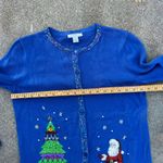 Vintage Blue Light Weight Christmas Cardigan Sweater Santa Presents Tree SMALL Photo 8