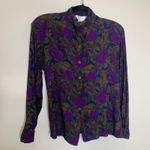 Vintage Dark Floral Brown Purple Blue Blouse Gold Buttons Sz Medium Photo 3