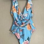 Cupshe  blue floral ruffle NWT v neck one piece swim suit Photo 0