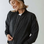 ALBION FIT Albion Women’s Black and White Midnight Dash Patterned Bomber Jacket Sz Medium Photo 0