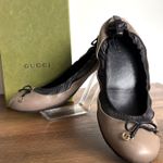 Gucci Ballerina GG Bow 7.5 Black Tan Leather Flats 37.5 Women's Ballet Box Shoes Photo 0