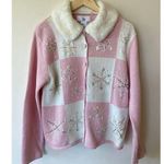 Ms. Lee Women’s L Cardigan Faux Fur Collar Pink Plaid Snowflake Beaded Knit Size L Photo 0