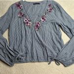 Abercrombie: Striped Balloon Sleeve Floral Embroidered Long Sleeve Blouse Blue Size M Photo 2