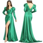 Mac Duggal  Puff Sleeve Satin Faux Wrap Gown in Emerald Green Size US 14 NWT Photo 1
