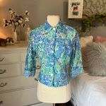 Ruby Rd  Blue Floral Button Down Front Blouse Womens 6P Linen Coastal Grandma Photo 3