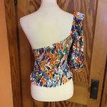 Boho Colorful One Shoulder Ruffle Sleeve Smocked Crop Top Size M Photo 9