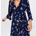 ZARA Basics Faux Wrap Long Sleeve Navy Floral Dress Size Large Side Tie Photo 0