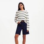 Madewell NWT Textured Cotton Crewneck Sweater in Bright Ivory Navy Stripe, Small Photo 1