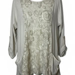 Ali Miles Womens Boho Tunic Top Size Large Beige 3/4 Sleeve Lace Knit Pockets Tan Photo 0