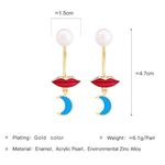 Red Lips Moon Pearl Stud Drop Earrings Gold Photo 4