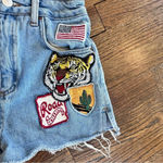 Top Shop Moto Mom Multi Patch Distressed Jean Cut Off Shorts Size Us 2 D0641 Photo 2