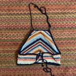 HAND KNIT LACE UP CROPPED HALTER TOP Blue Photo 1