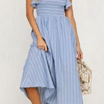 Simplee Apparel Simplee Ruffle Denim Linen Stripe Square Neck cotton Stretch Maxi Dress Pocket Photo 0